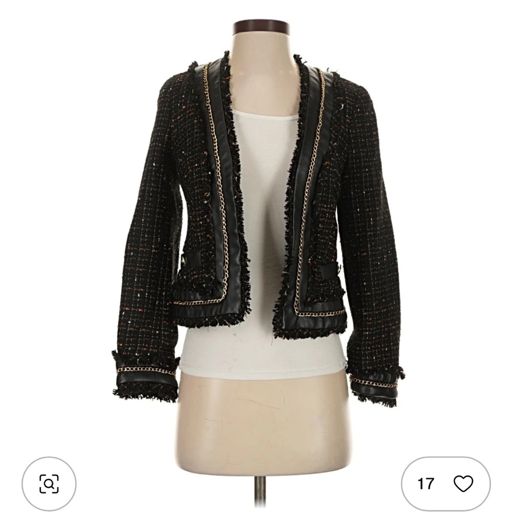 Black Tweed Fringed Open-Front Blazer Jacket